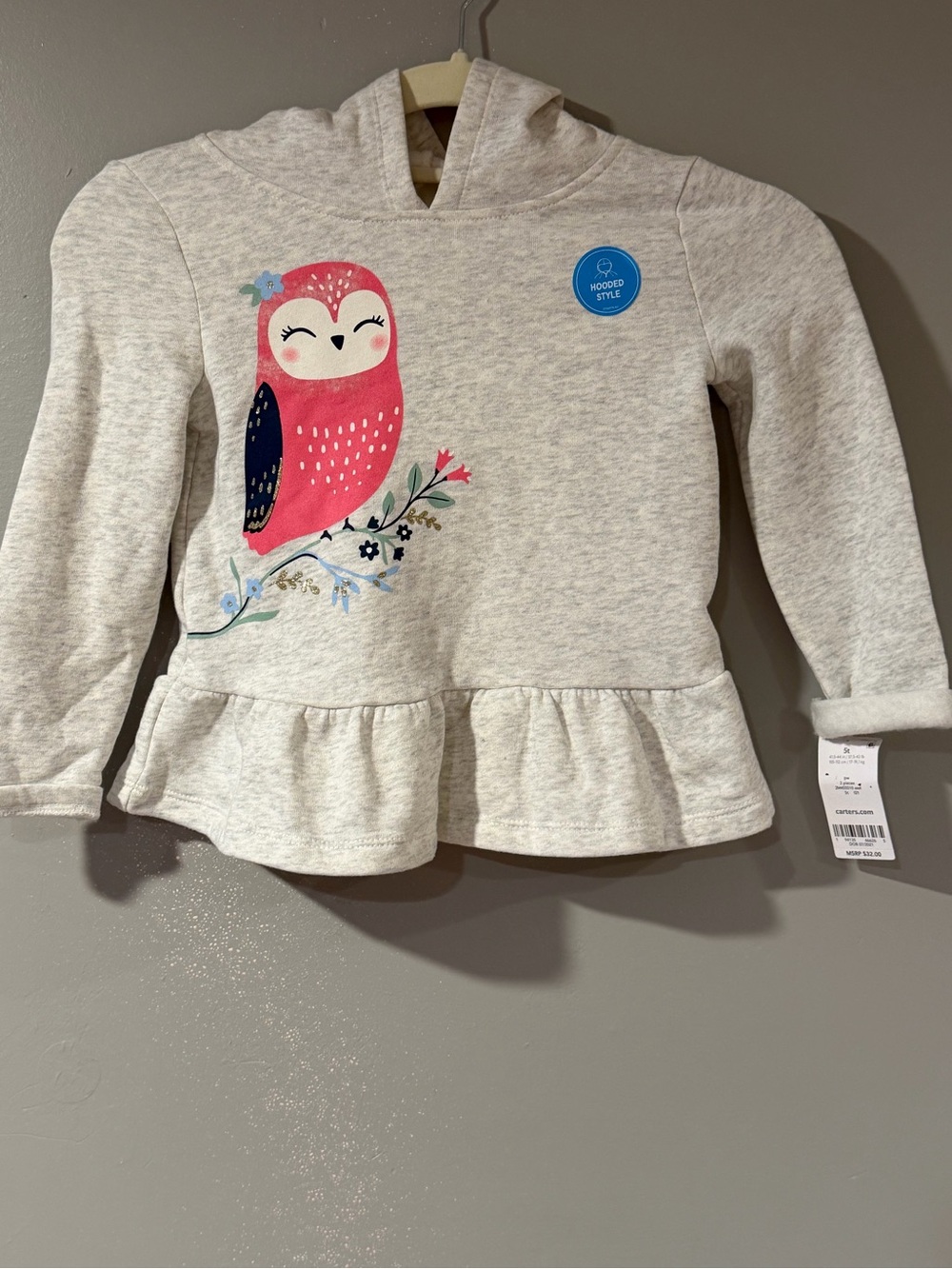 Carter's Heather Gray Hoodie with Pink Owl and Floral Print